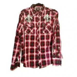 Pop‎ Icon Clothing for Buckle XL Plaid Embroidered Fleur De Lis Pearl Snap Shirt